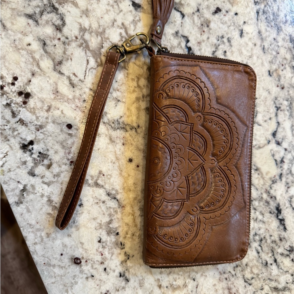 Elegant Brown Embossed Leather Wristlet